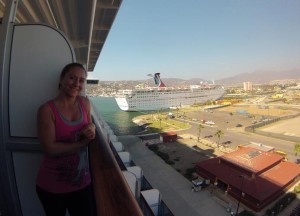 Carey on our balcony docked in Ensenada
